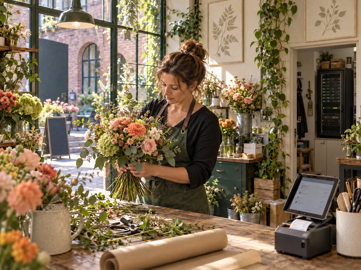 Eine Floristin bindet einen Strauß im sonnigen Blumenladen. Bestelltablet und Netzwerkschrank laufen an der Seite.