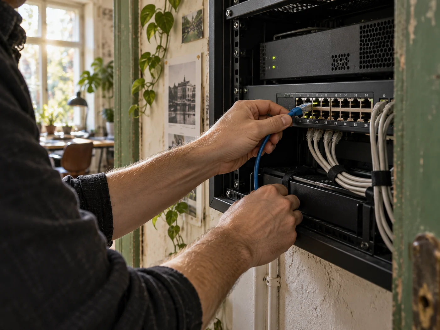 Eine Netzwerkverbindung wird am kleinen Switch der Agentur sorgfältig geprüft und angeschlossen.