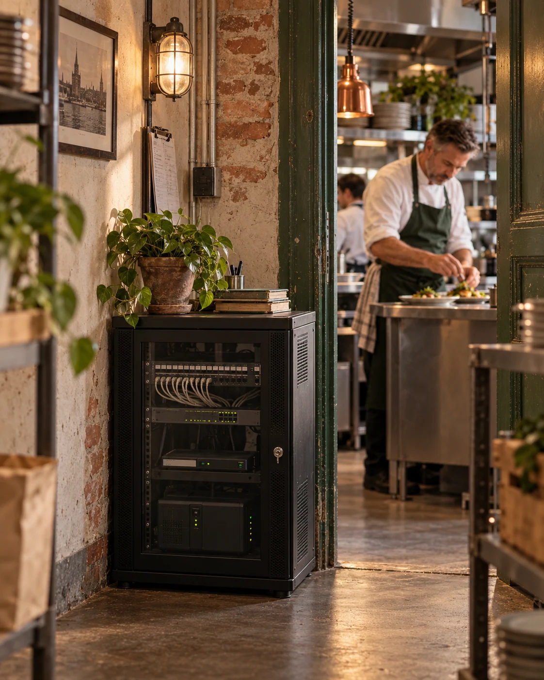 Im Durchgang neben der Restaurantküche läuft ein kleiner Serverschrank; dahinter richtet der Koch ein Gericht an.