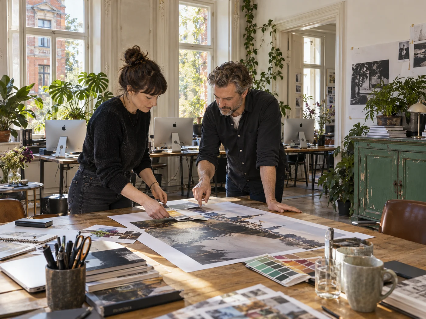 Ein Kreativteam arbeitet an Entwürfen in einer alten Villa mit iMacs im Hintergrund.